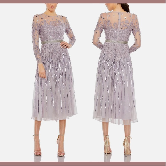 NWT $598 Mac Duggal [ 14 ] Illusion High Neck Long-Sleeve Tea Length Dress G1470 - Picture 1 of 15
